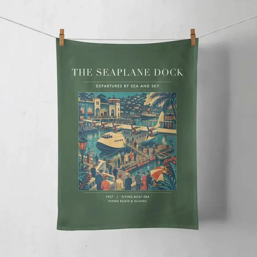 VINTAGE G4056 - The Seaplane Dock - Designed Towels design on darkgreen
