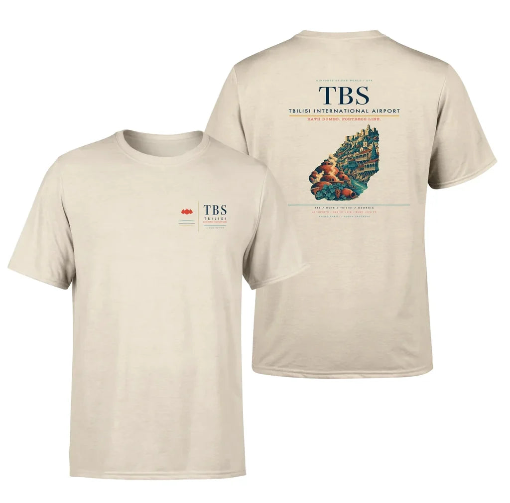 Tbilisi International Airport (TBS) design printed on beige double-side t-shirt