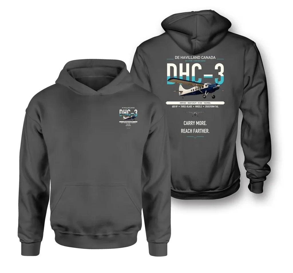 DHC-3 Otter design on dark gray double-side hoodie, double-side print
