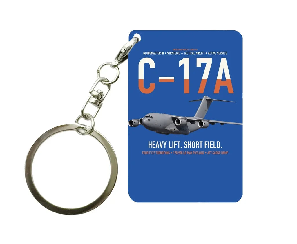 C-17A Globemaster III design on blue designed key chain, double-side print