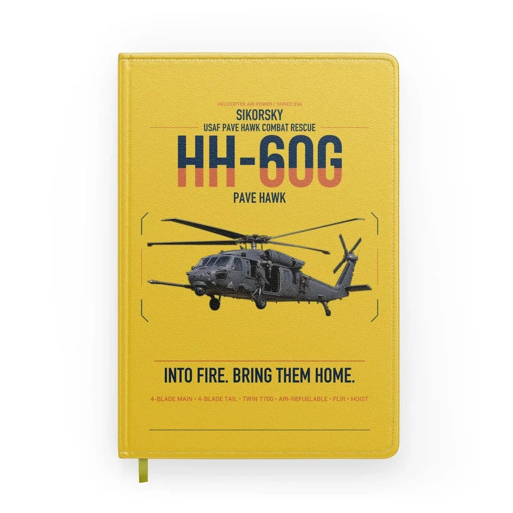 Sikorsky HH-60G Pave Hawk design on yellow notebook