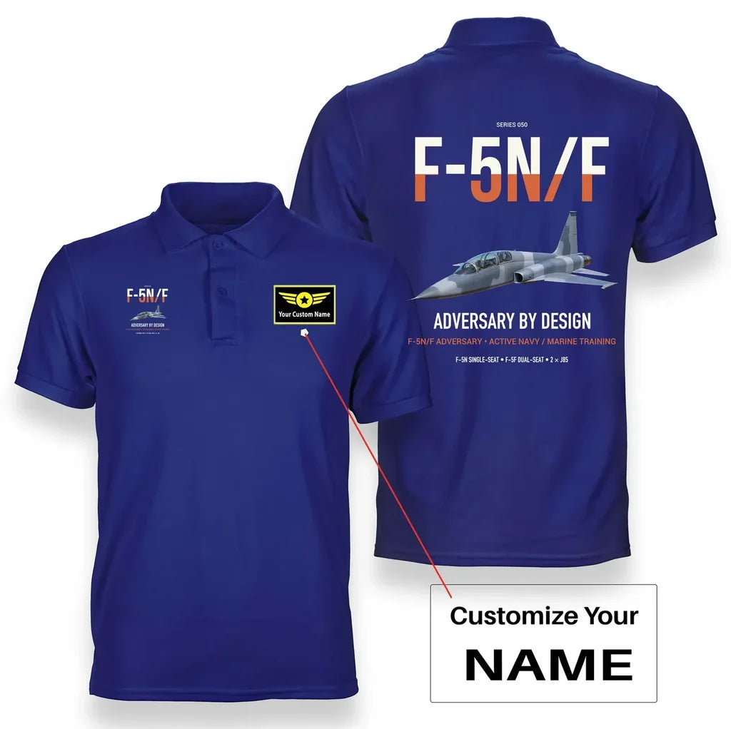 F-5N F Adversary design on blue+name double-side polo t-shirt, double-side print