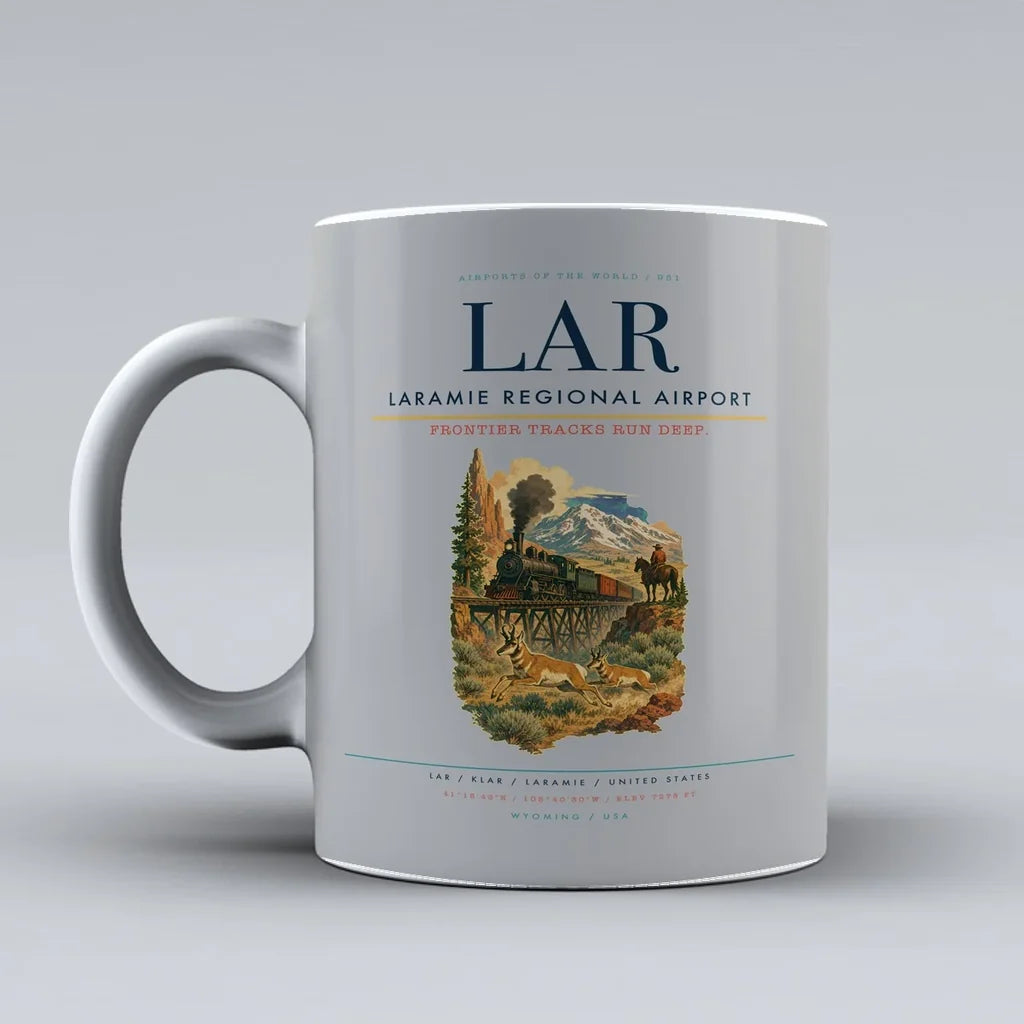 Laramie Regional Airport (LAR) airport code design on light gray ceramic mug