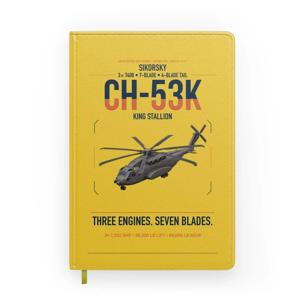 Sikorsky CH-53K King Stallion design on yellow notebook