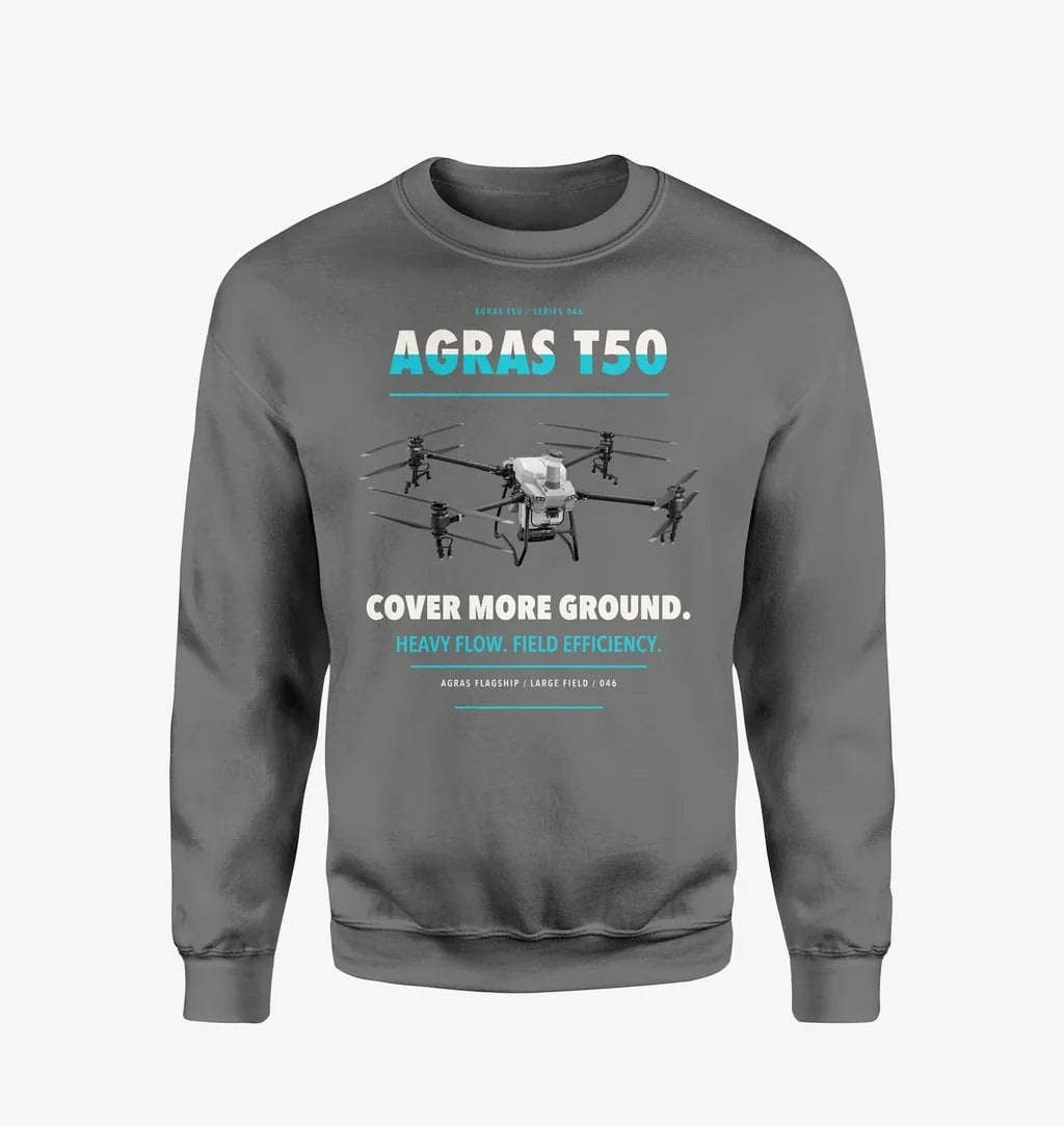 DJI Agras T50 design on gray sweatshirt