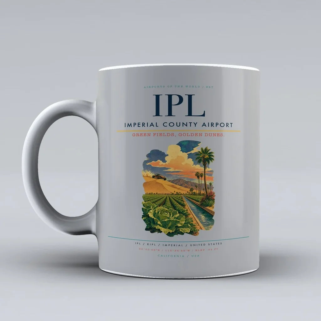 Imperial County Airport (IPL) airport code design on light gray ceramic mug