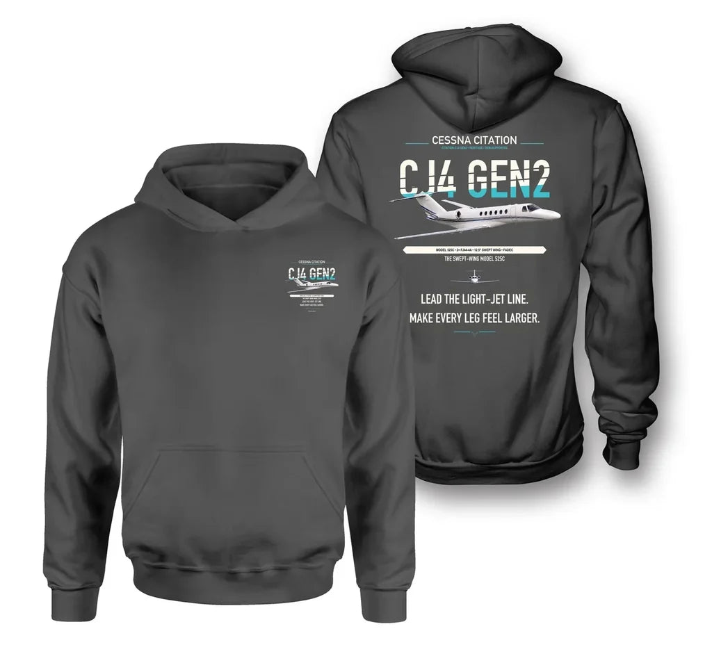 Cessna Citation CJ4 Gen2 design on dark gray double-side hoodie, double-side print