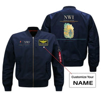 Thumbnail for Norwich Airport (NWI) design on blue bomber jacket with custom name patch