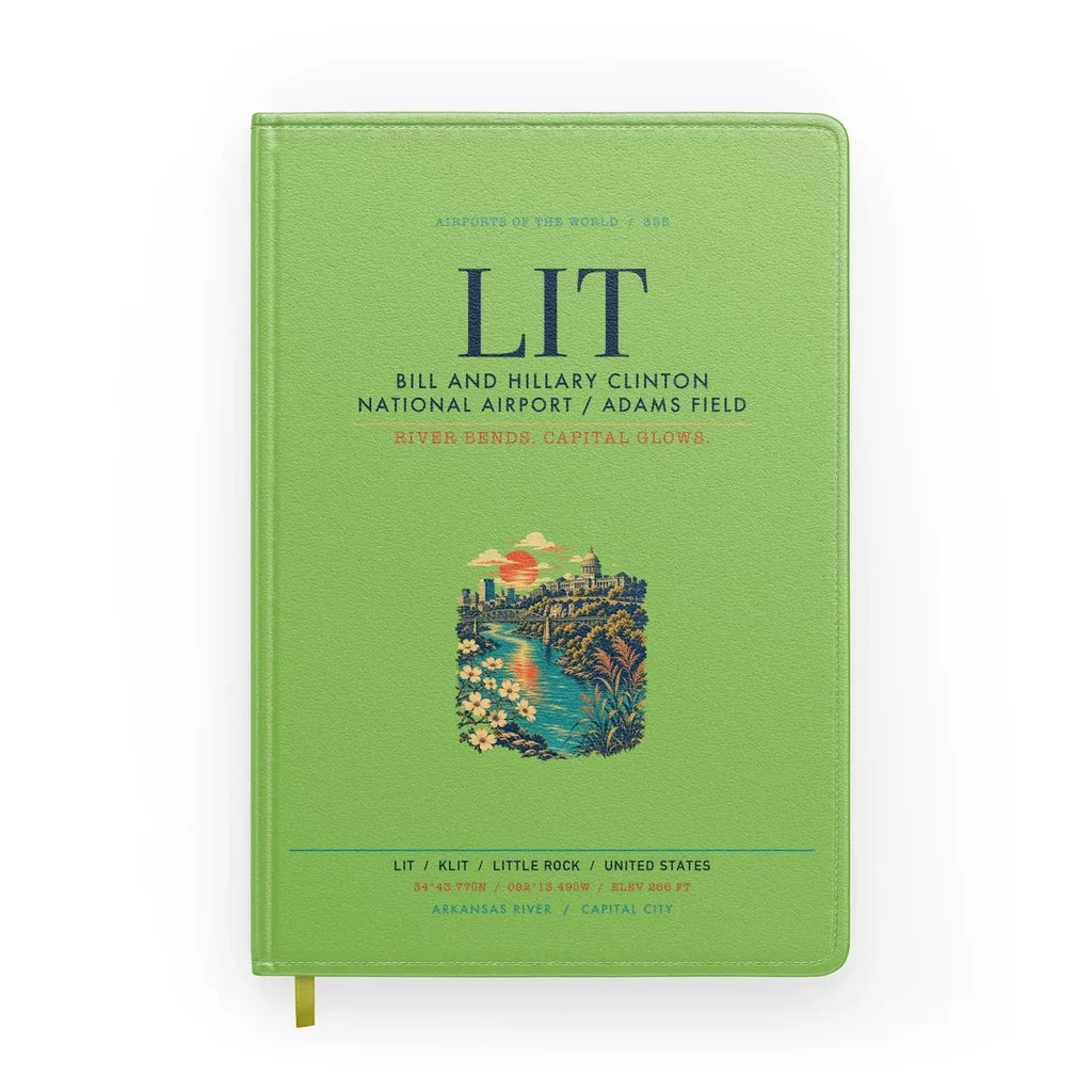 Bill and Hillary Clinton National Airport (LIT) design on light green notebook