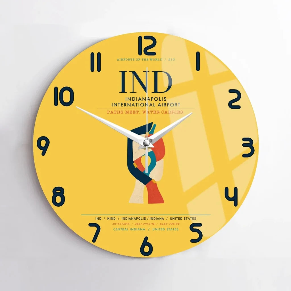 Indianapolis International Airport (IND) design on yellow no frame wall clock