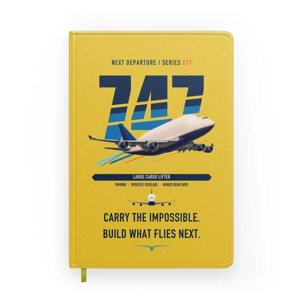 Boeing 747-400 Dreamlifter design on yellow notebook