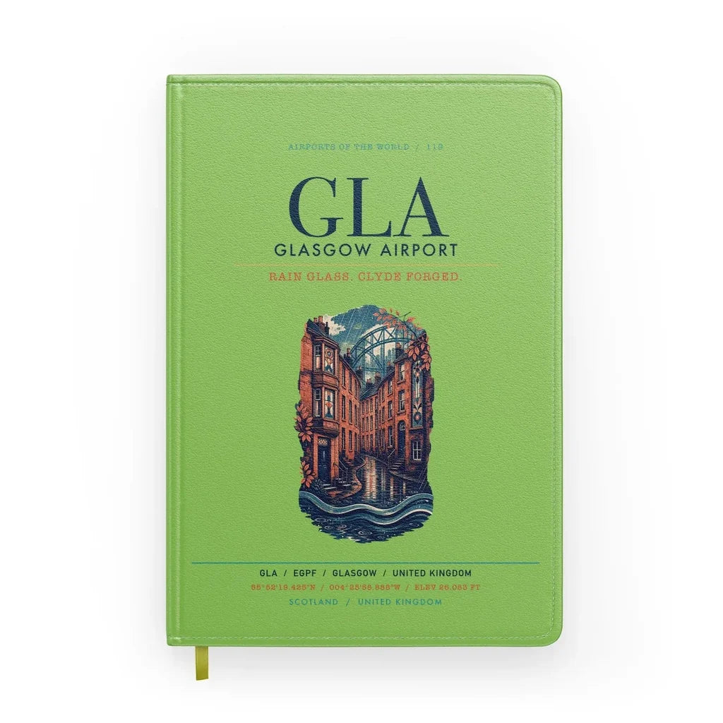 Glasgow Airport (GLA) design on light green notebook
