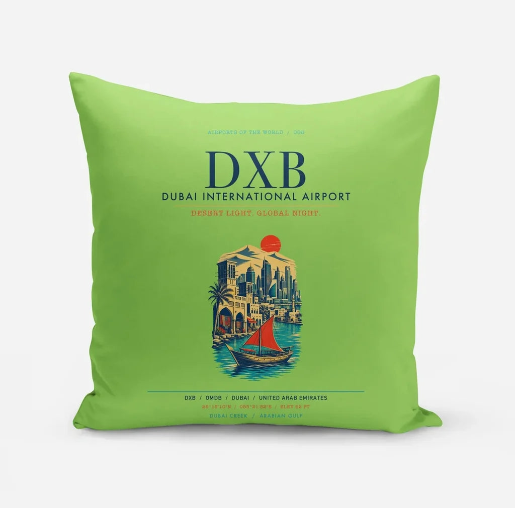 Dubai International Airport (DXB) design on light green pillow