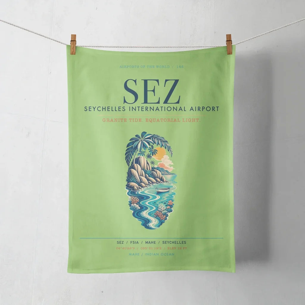 Seychelles International Airport (SEZ) design on light green towel