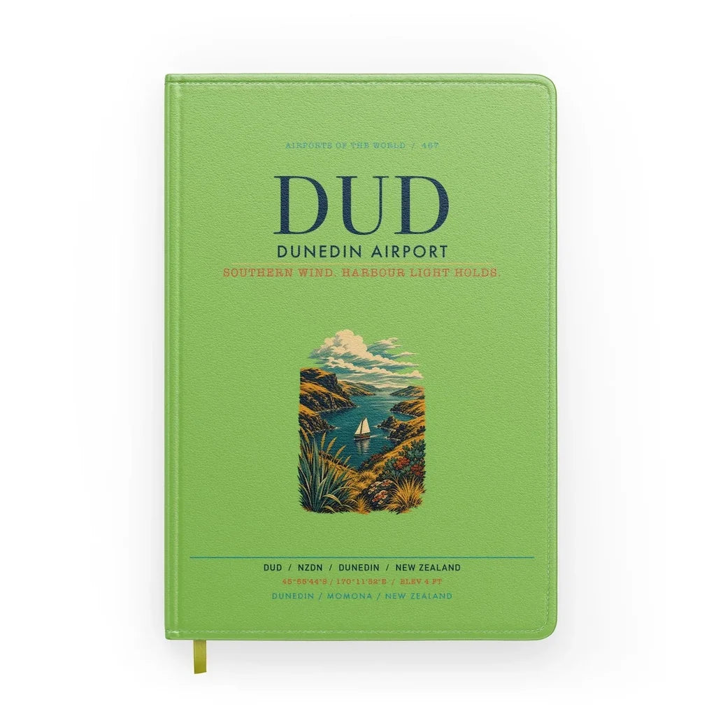 Dunedin Airport (DUD) design on light green notebook