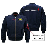 Thumbnail for Asiana Airlines aviation design with custom name embroidered on blue bomber jacket