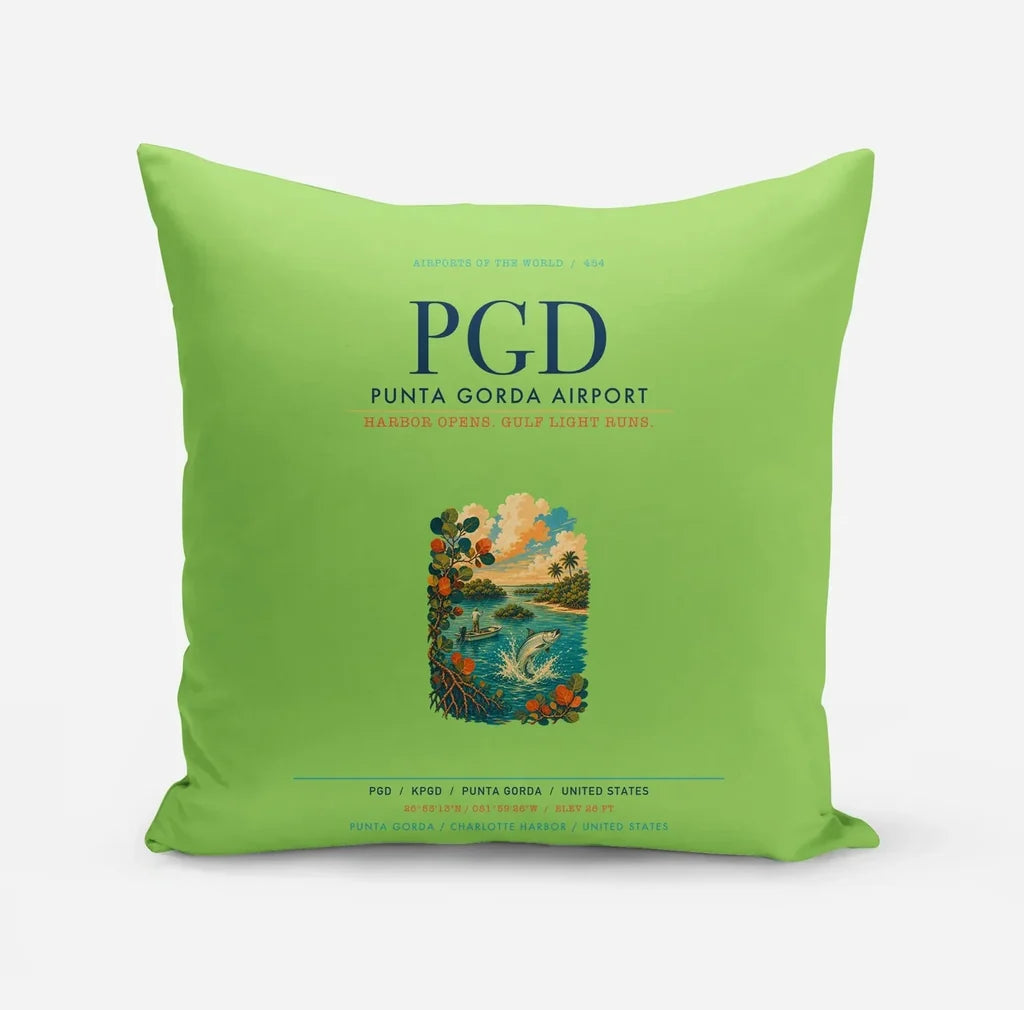 Punta Gorda Airport (PGD) design on light green pillow