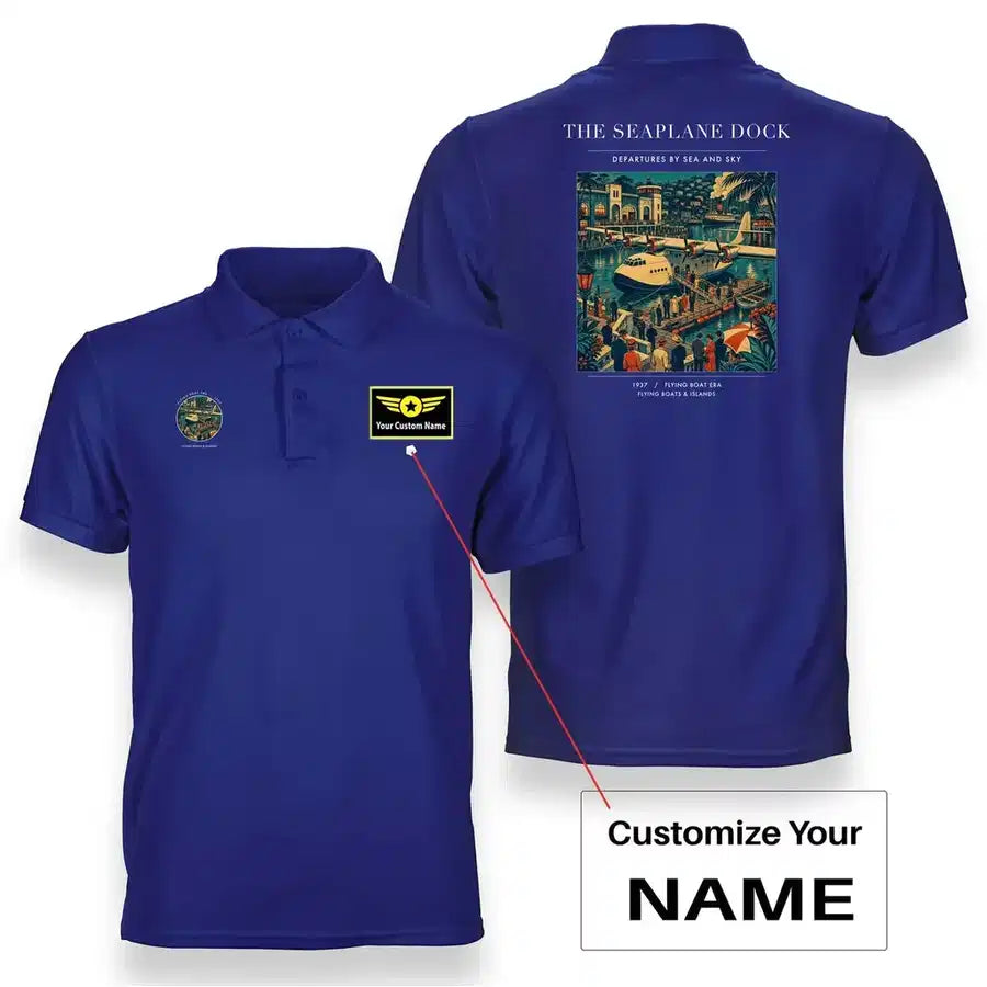 VINTAGE G4056 - The Seaplane Dock - Double-Side Polo T-Shirt design on blue+name