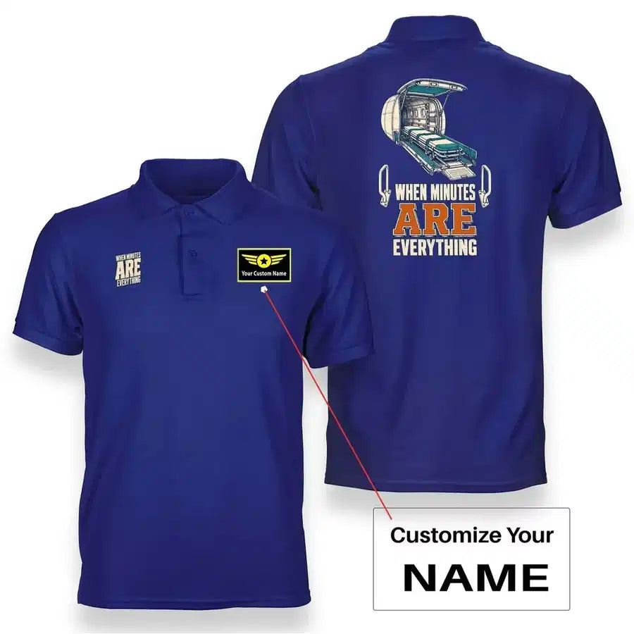 SIGNAL 431 - When Minutes Are Everything - Double-Side Polo design on blue double side polo with custom name badge