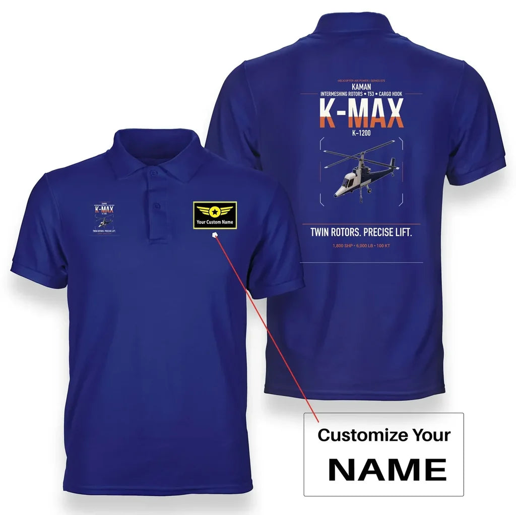 Kaman K-1200 K-MAX design on blue+name double-side polo t-shirt, double-side print