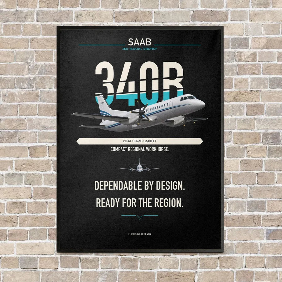 Saab 340B vertical canvas print - framed - black background