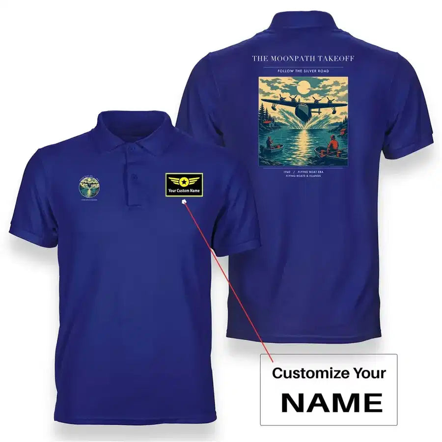 VINTAGE G4441 - The Moonpath Takeoff - Double-Side Polo T-Shirt design on blue+name