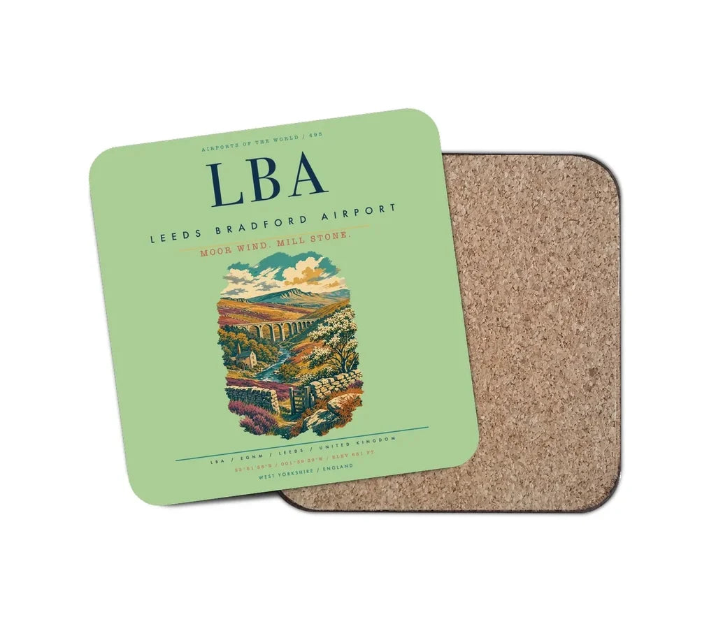 Leeds Bradford Airport (LBA) design on light green 1 piece coaster