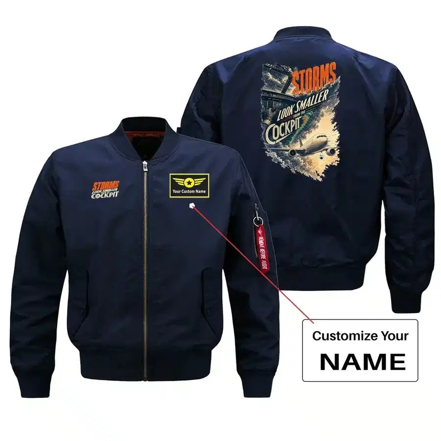 SIGNAL 654 - Storms Look Smaller From The Cockpit - Bomber Jacket design on blue bomber jacket with custom name badge