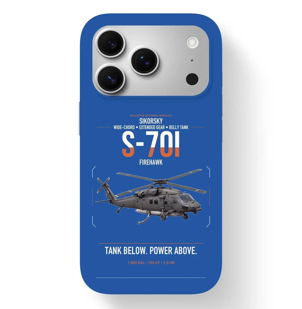 Sikorsky S-70i FIREHAWK design on blue magsafe iphone case, for iPhone 17 Pro