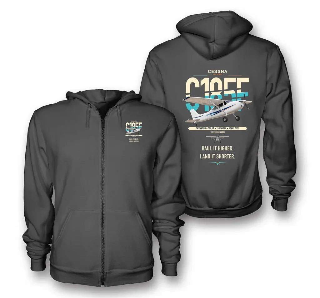 Cessna A185F Skywagon design on dark gray premium zipped hoodie, double-side print