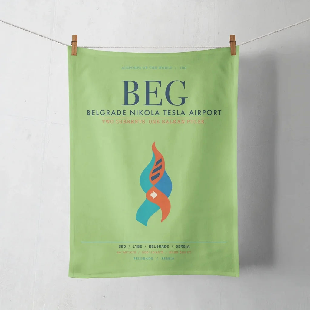 Belgrade Nikola Tesla Airport (BEG) design on light green towel