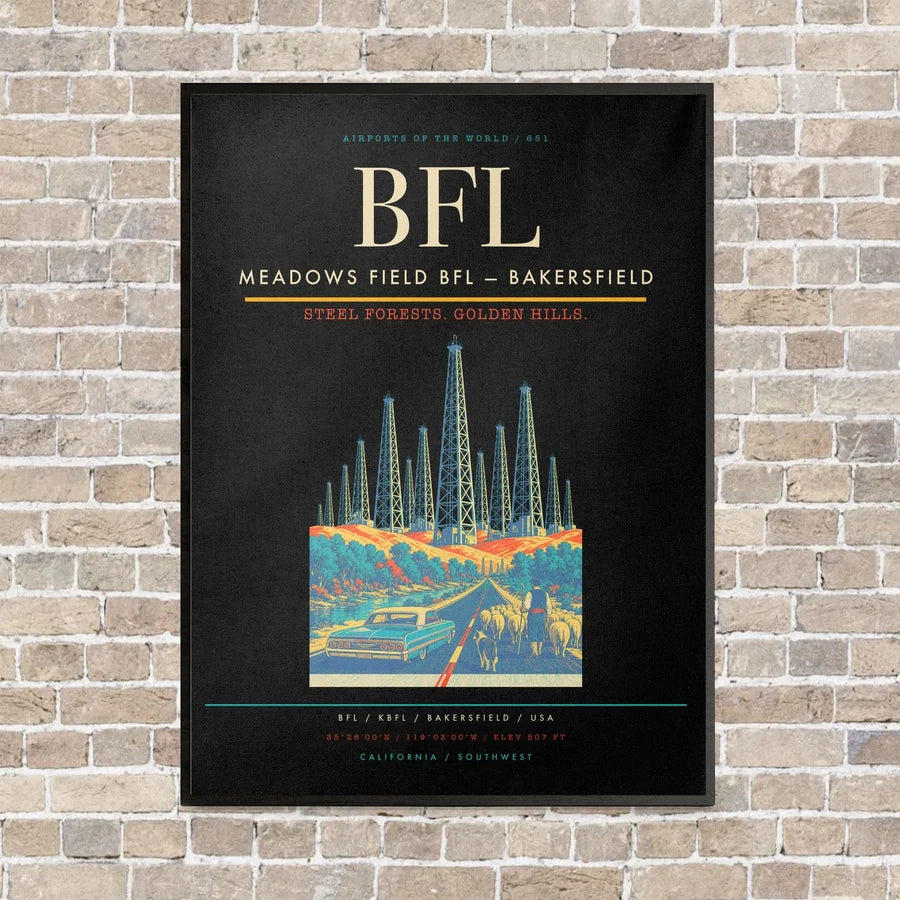 Meadows Field BFL — Bakersfield vertical canvas print - framed - black background