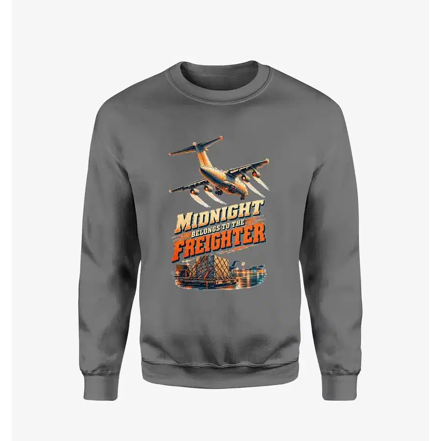 Midnight Belongs To The Freighter design on gray sweatshirt