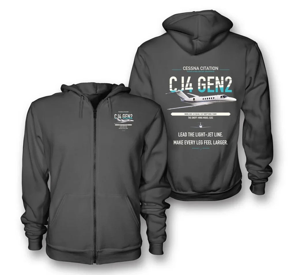 Cessna Citation CJ4 Gen2 design on dark gray premium zipped hoodie, double-side print