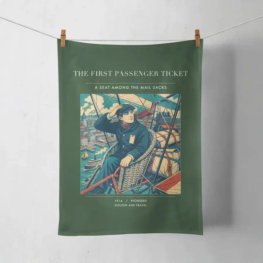 VINTAGE G4321 - The First Passenger Ticket - Designed Towels design on darkgreen