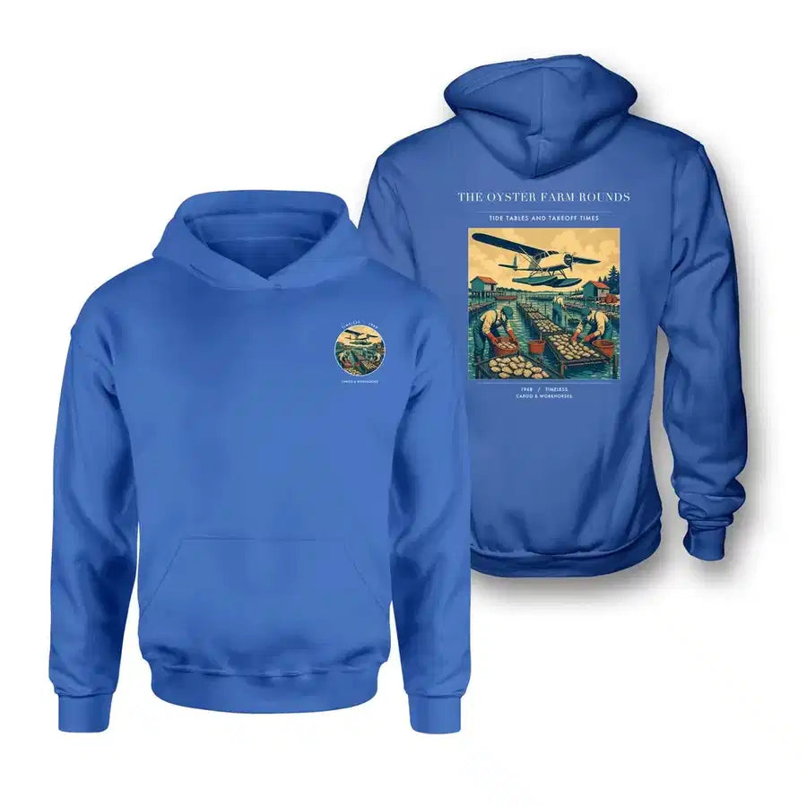 VINTAGE G4446 - The Oyster Farm Rounds - Double-Side Hoodie design on blue double side