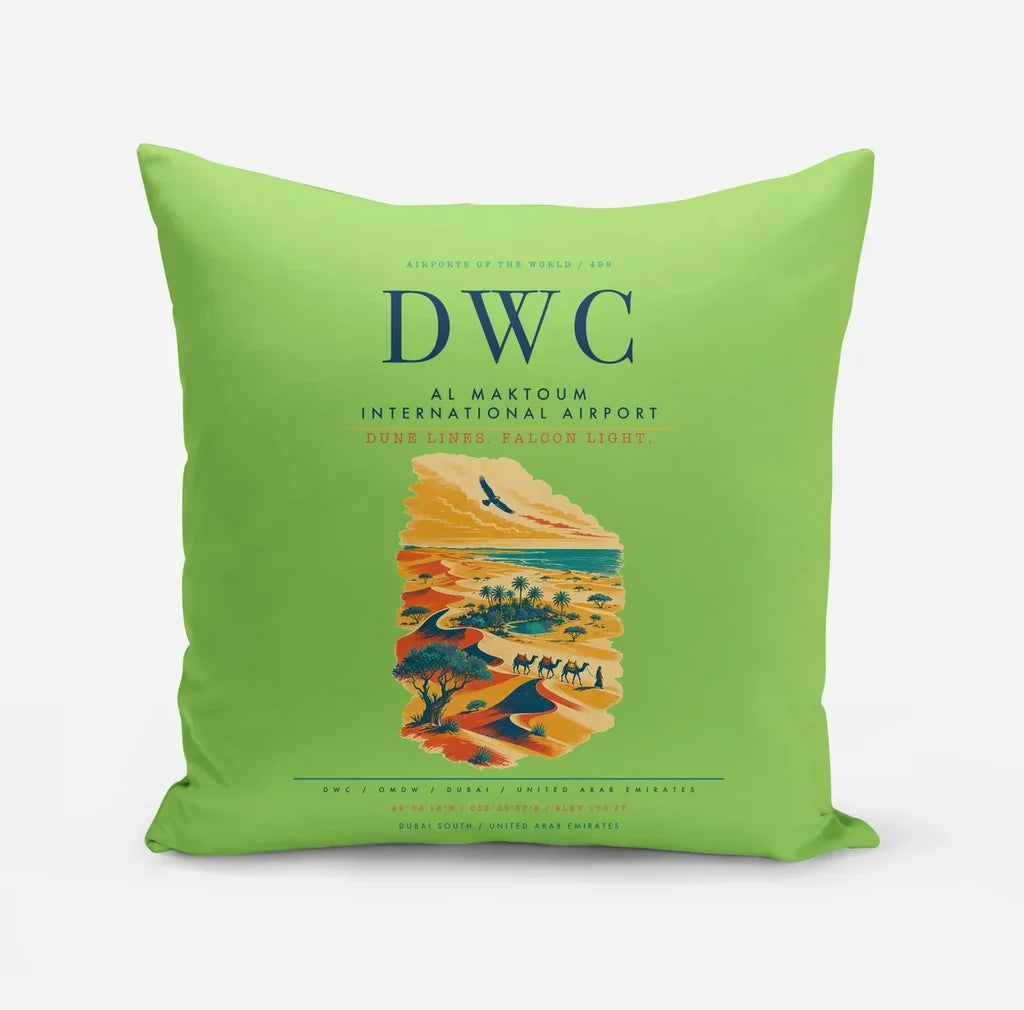 Al Maktoum International Airport (DWC) design on light green pillow