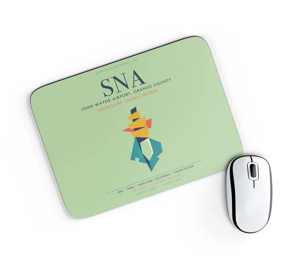 John Wayne Airport, Orange County (SNA) design on light green rectangle mouse pad