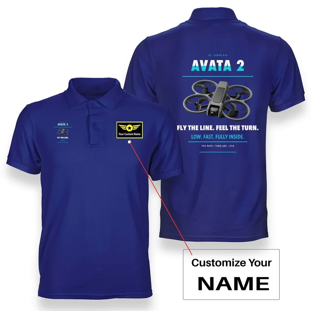 DJI Avata 2 design on blue polo with custom name badge