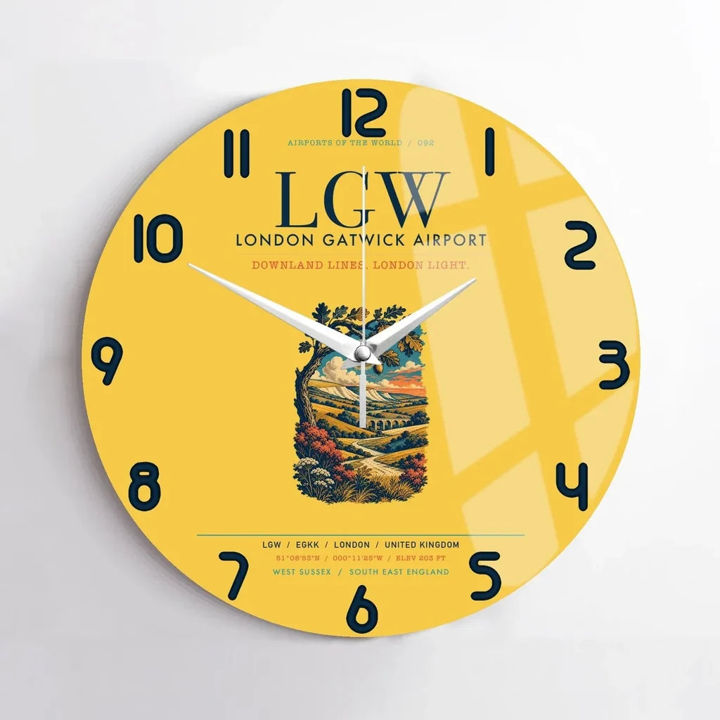 London Gatwick Airport (LGW) design on yellow no frame wall clock