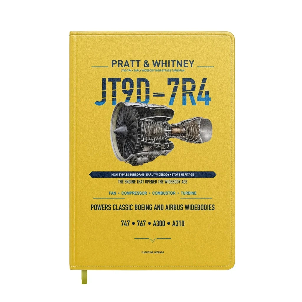 JT9D-7R4 design on yellow notebook