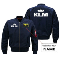 Thumbnail for KLM Royal Dutch Airlines aviation design with custom name embroidered on blue bomber jacket