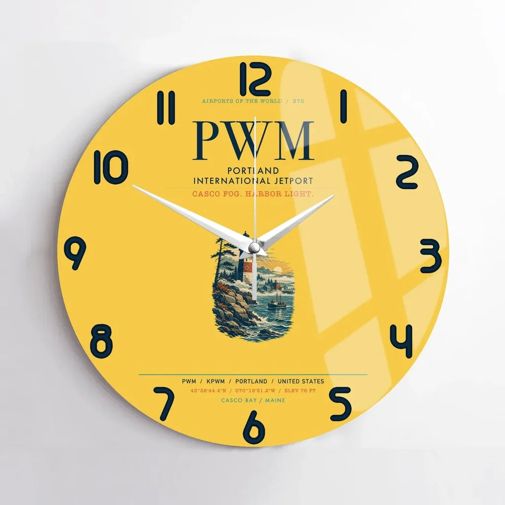 Portland International Jetport (PWM) design on yellow no frame wall clock