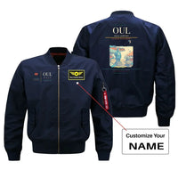 Thumbnail for Oulu Airport (OUL) design on blue bomber jacket with custom name patch