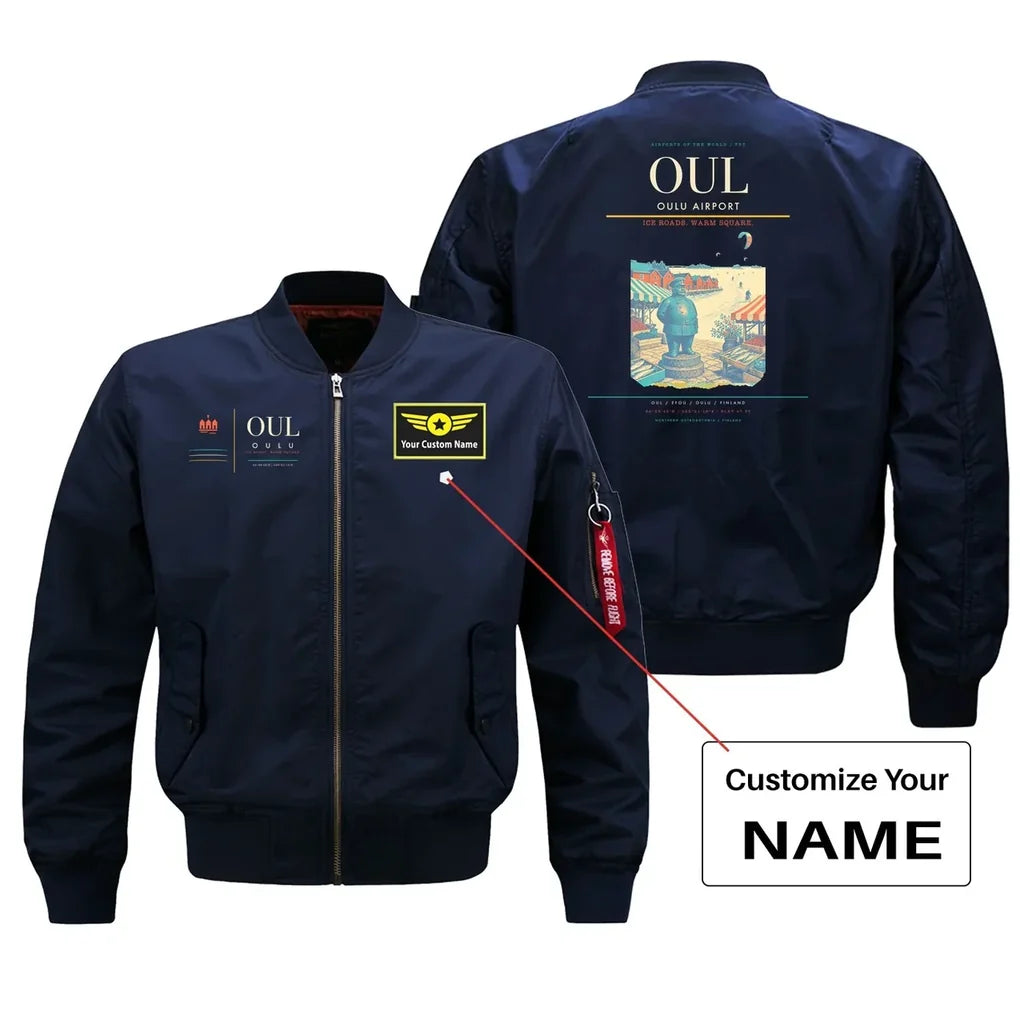Oulu Airport (OUL) design on blue bomber jacket with custom name patch