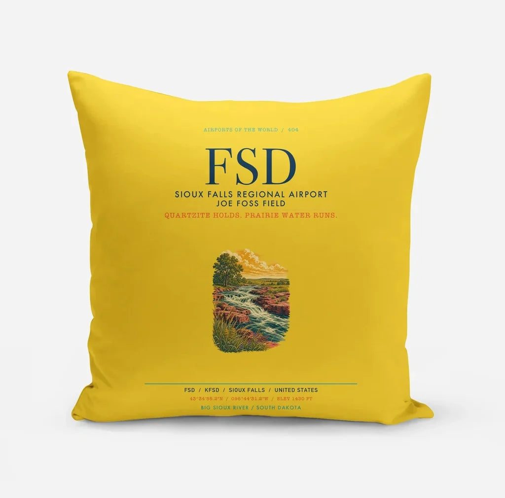 Sioux Falls Regional Airport Joe Foss Field (FSD) design on yellow pillow