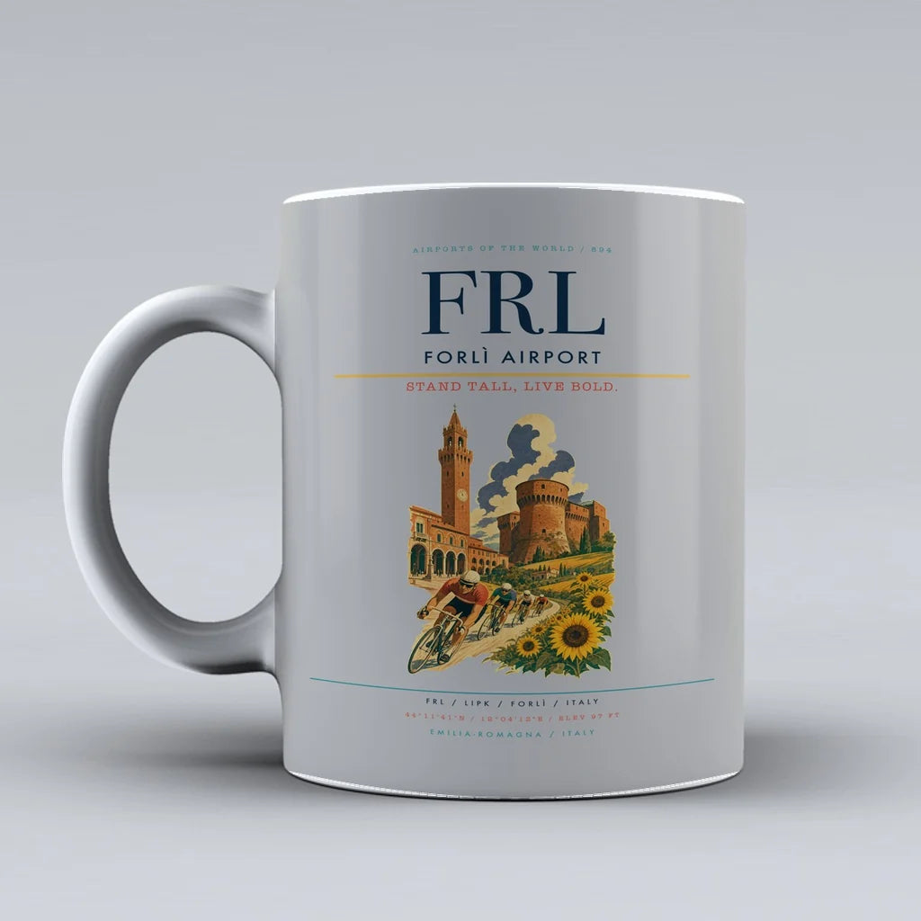 Forlì Airport (FRL) airport code design on light gray ceramic mug