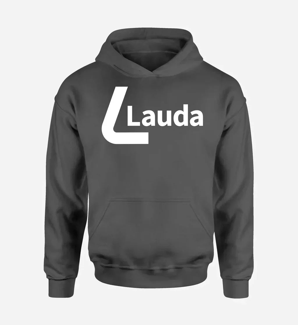 Lauda logo printed on dark gray hoodie