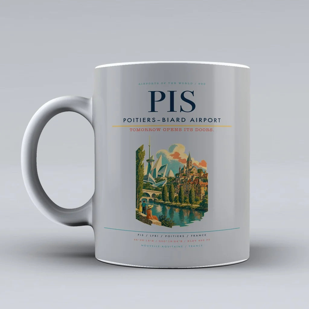 Poitiers–Biard Airport (PIS) airport code design on light gray ceramic mug