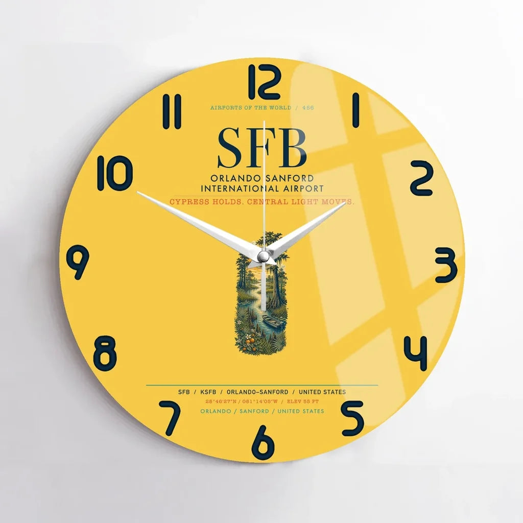 Orlando Sanford International Airport (SFB) design on yellow no frame wall clock